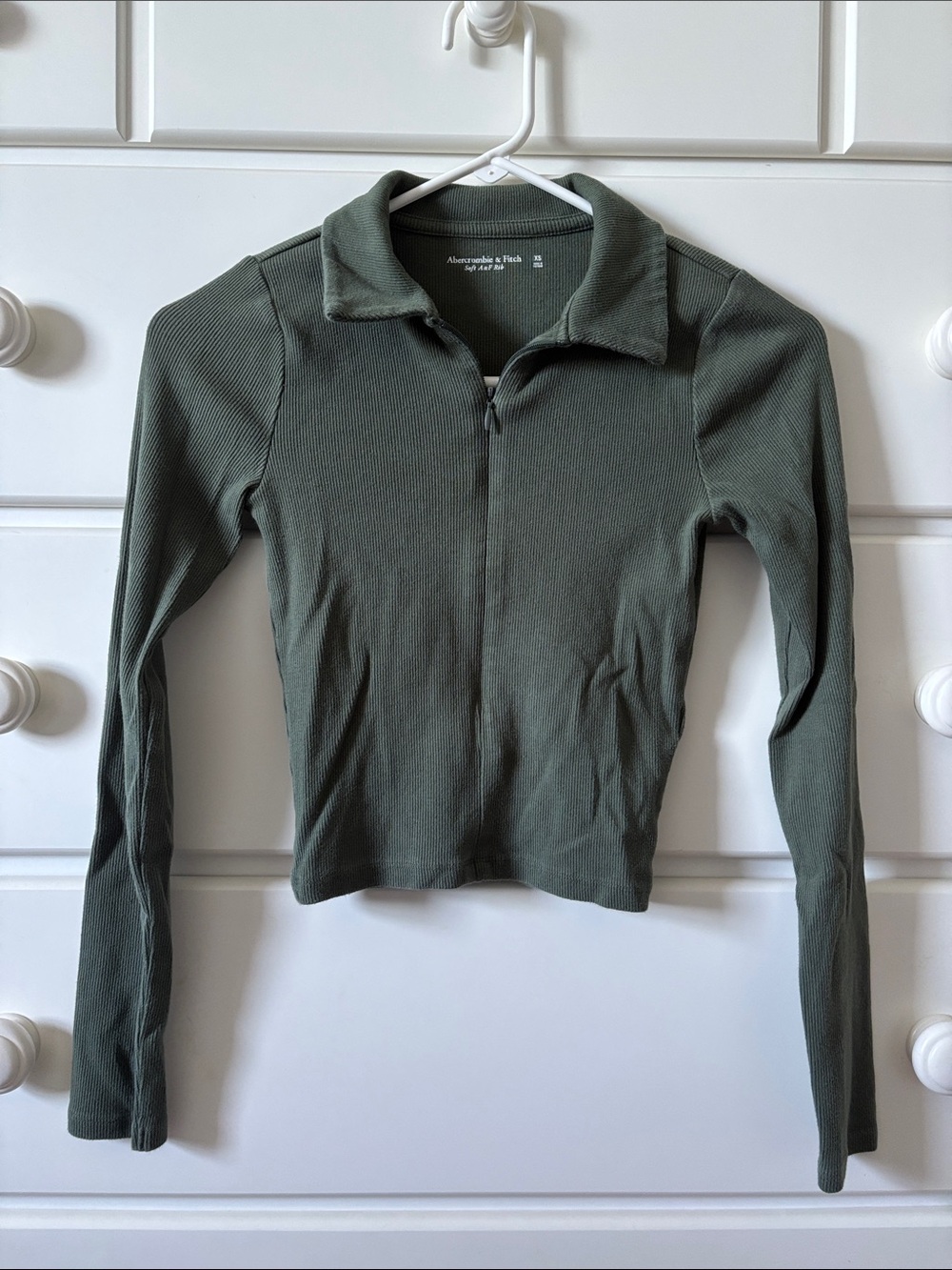 Abercrombie & Fitch Olive Zip-Front Ribbed Long Sleeve Polo